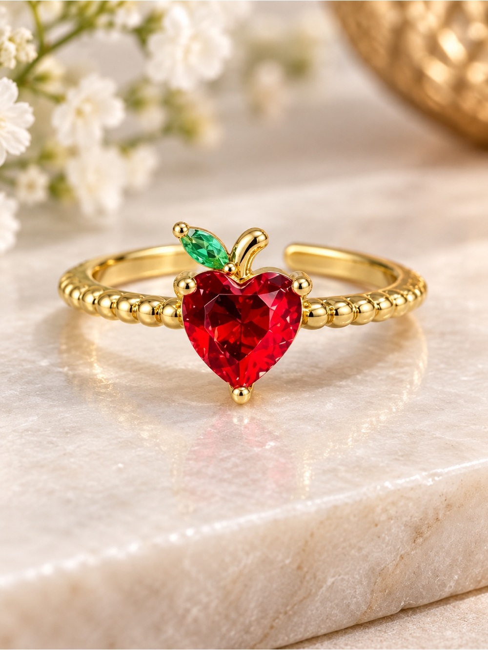 🍎 Adjustable Gold Tone Red Crystal Apple Ring Heart Shaped Cottagecore Jewelry 🍎